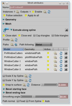 Extrude along Spline (loft) with multiple input paths.